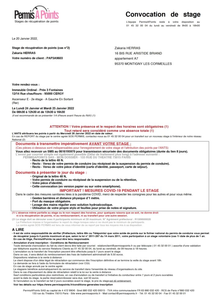France Permis A Points Convocation de stage Word And PDF Template