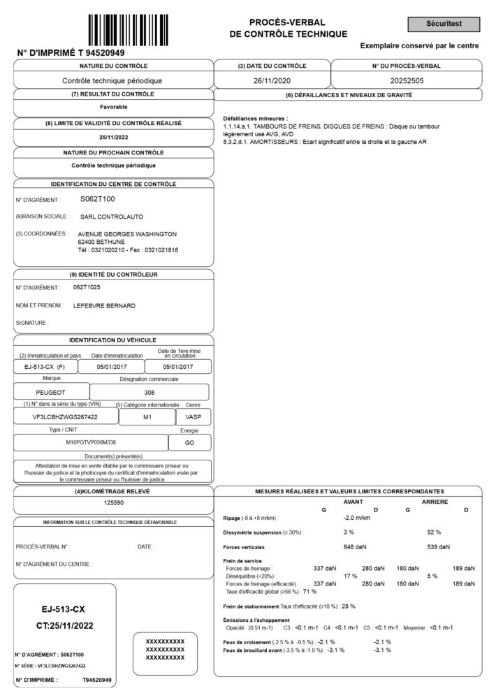 France Securitest Vehicle Technical Inspection Report Word And PDF Template