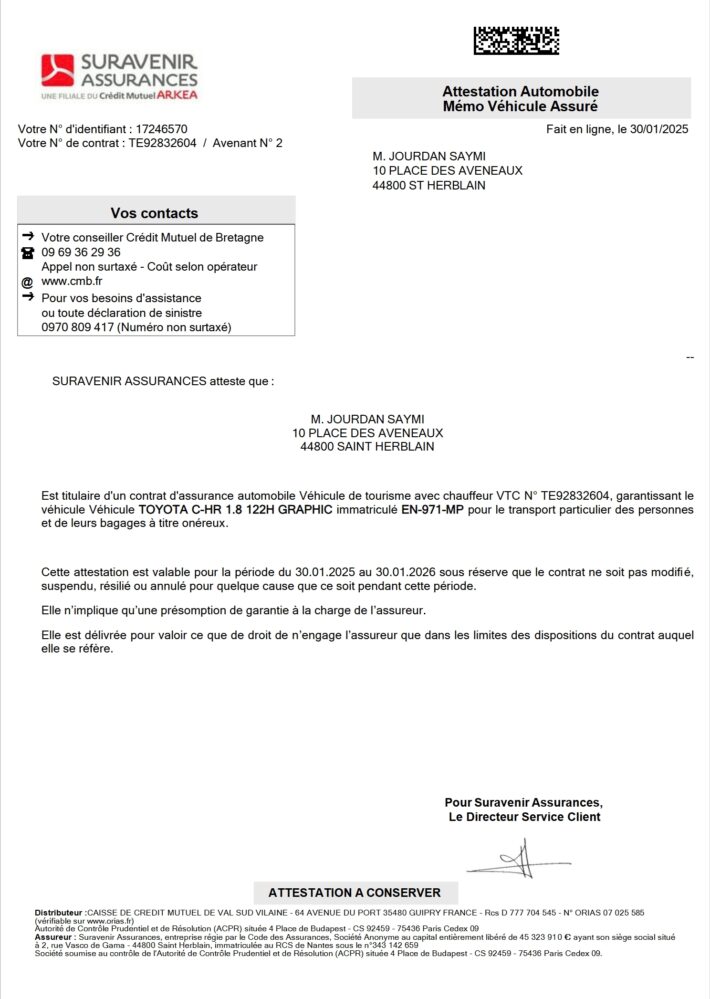 France Suravenir Assurances Attestation Automobile Insurance Word And PDF Template