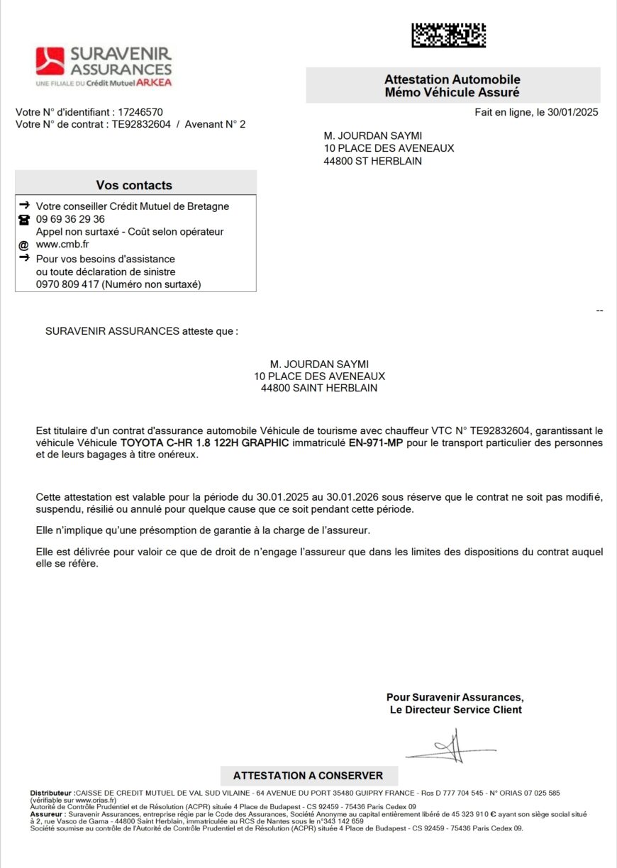 France Suravenir Assurances Attestation Automobile Insurance Word And PDF Template