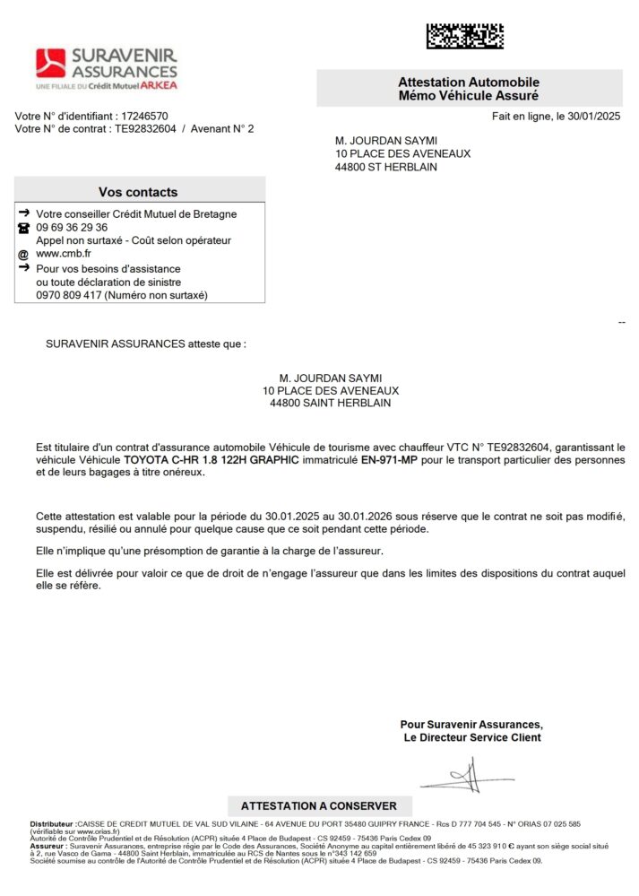 France Suravenir Assurances VTC Auto Insurance Certificate Word And PDF Template