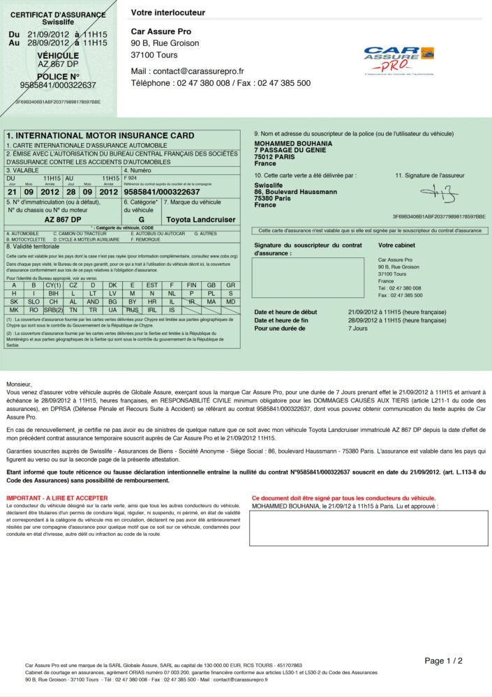 France Swisslife Car Assure Pro Insurance Word And PDF Template 2 Pages