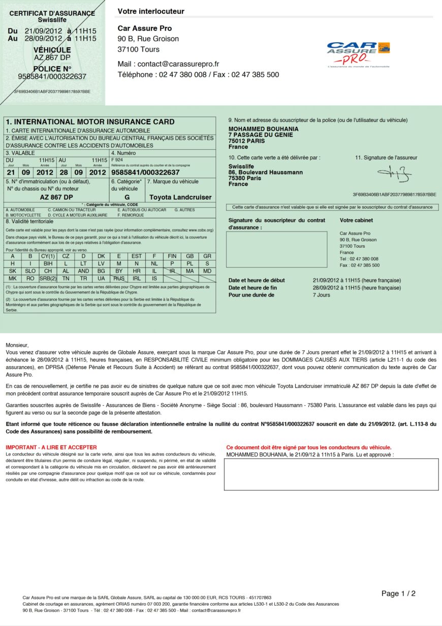 France Swisslife Car Assure Pro Insurance Word And PDF Template 2 Pages