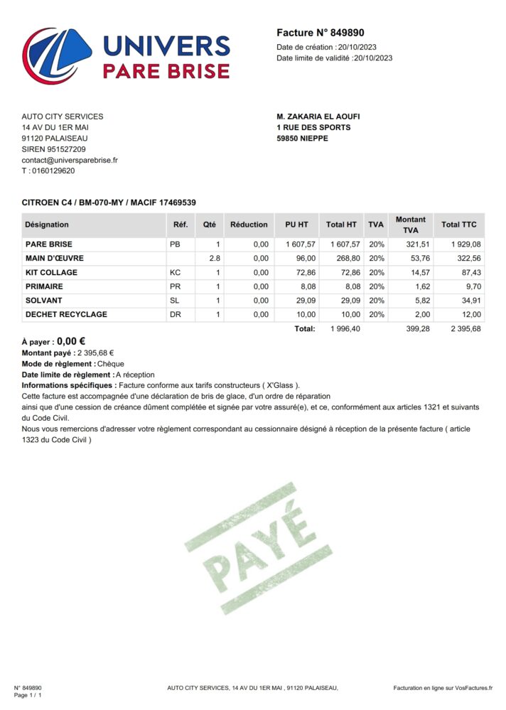 France Univers Pare Brise Invoice Word And PDF Template