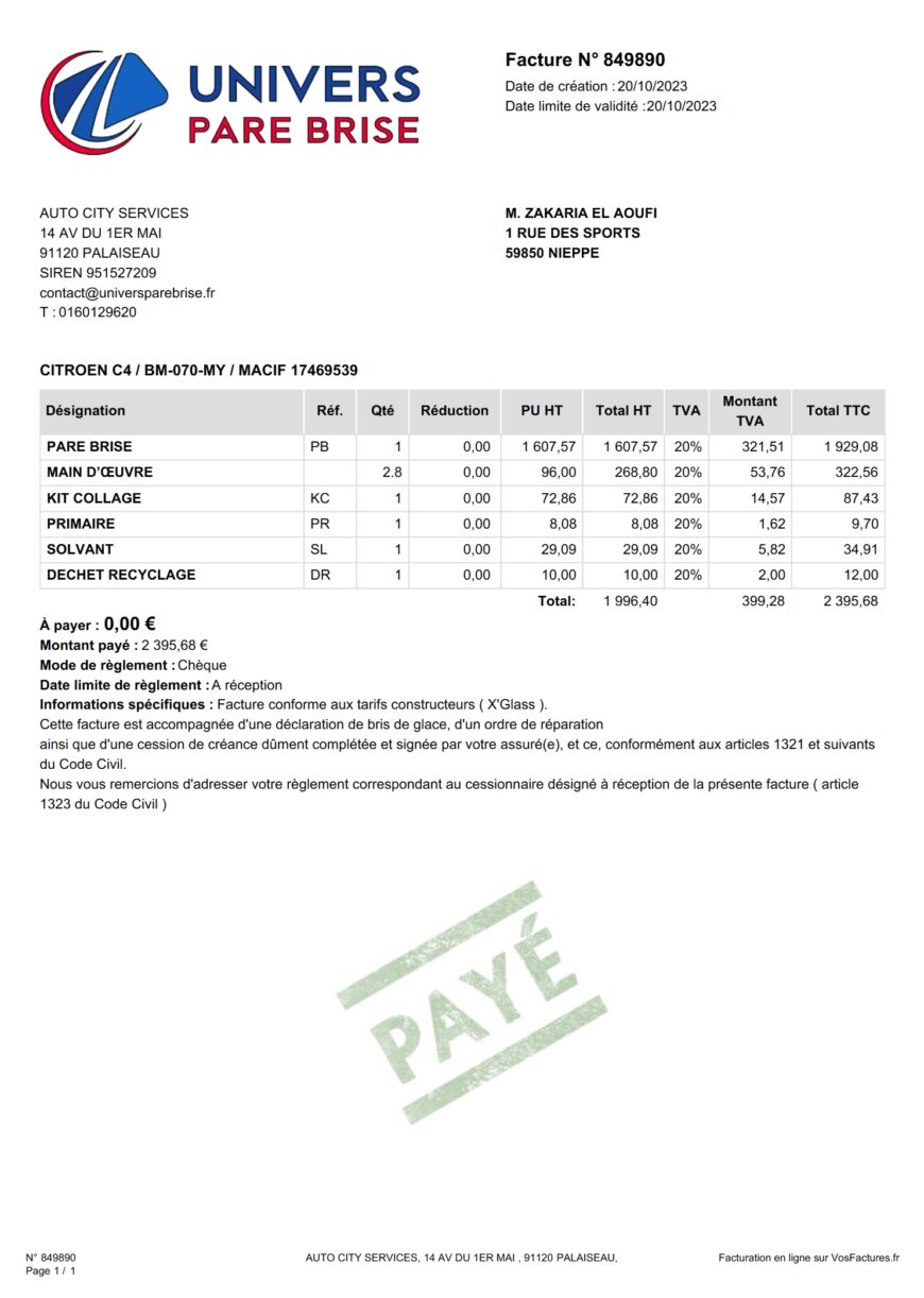 France Univers Pare Brise Invoice Word And PDF Template