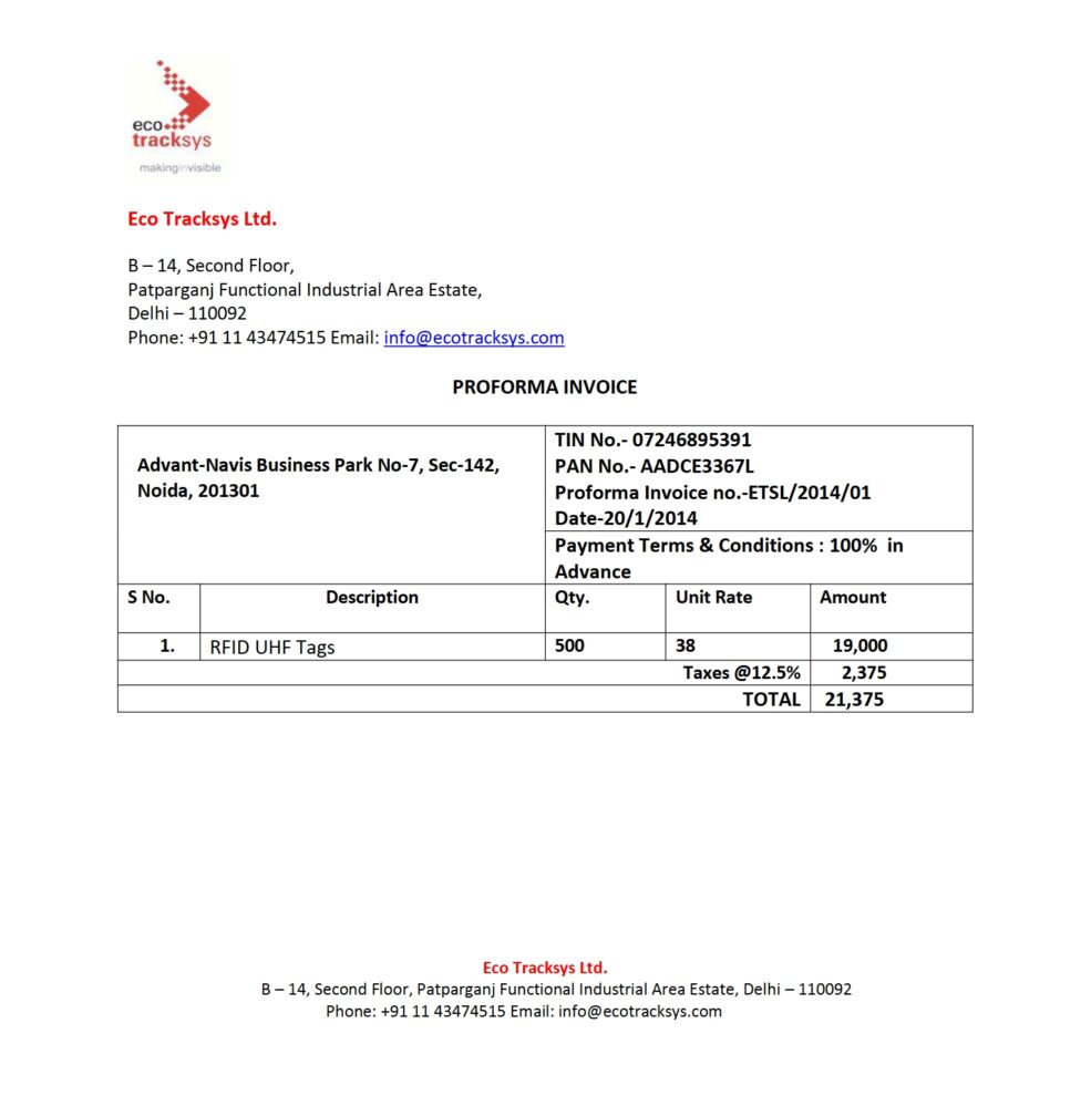 India Eco Tracksys Proforma Invoice Word And PDF Template