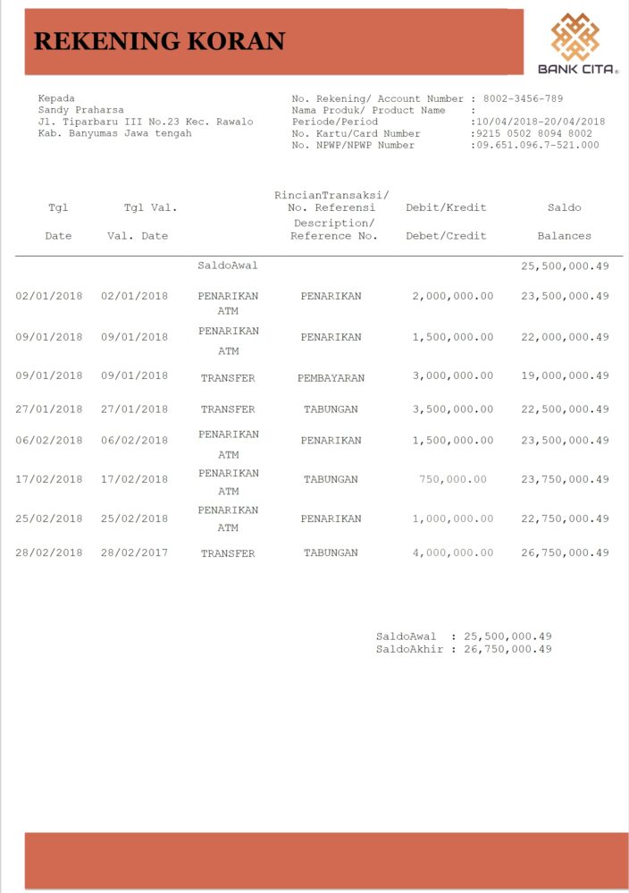 Indonesia Bank Cita Bank Statement Word And PDF Template