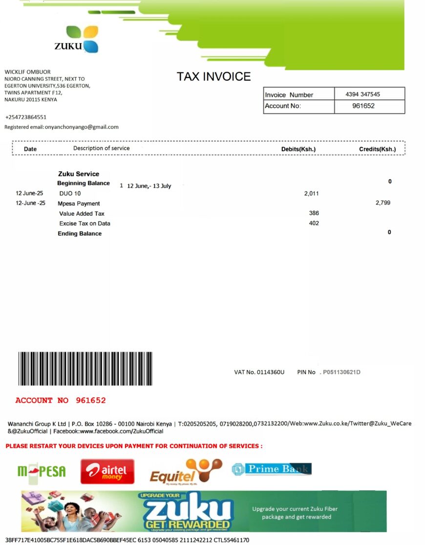 Kenya Zuku Internet Bill Word And PDF Template 2 Pages