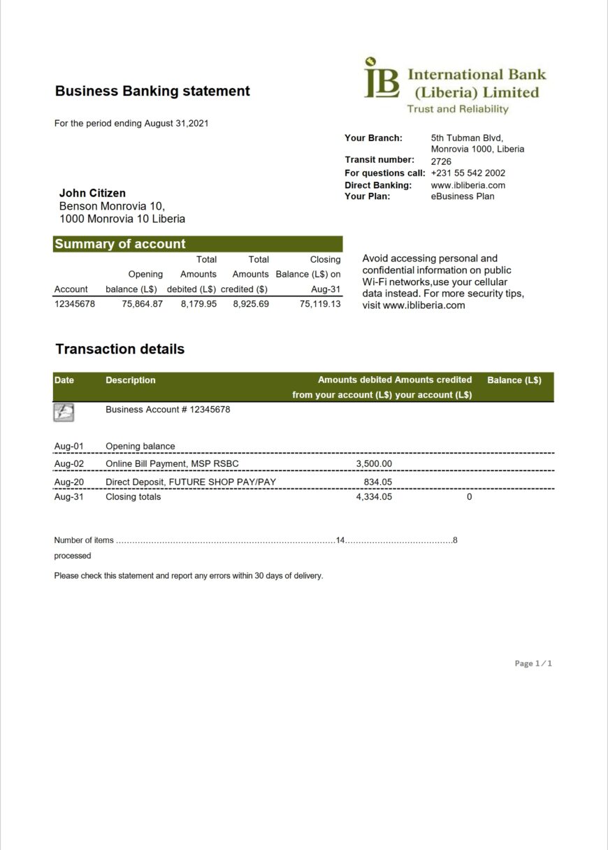 Liberia International Bank Business Banking Statement Word And PDF Template