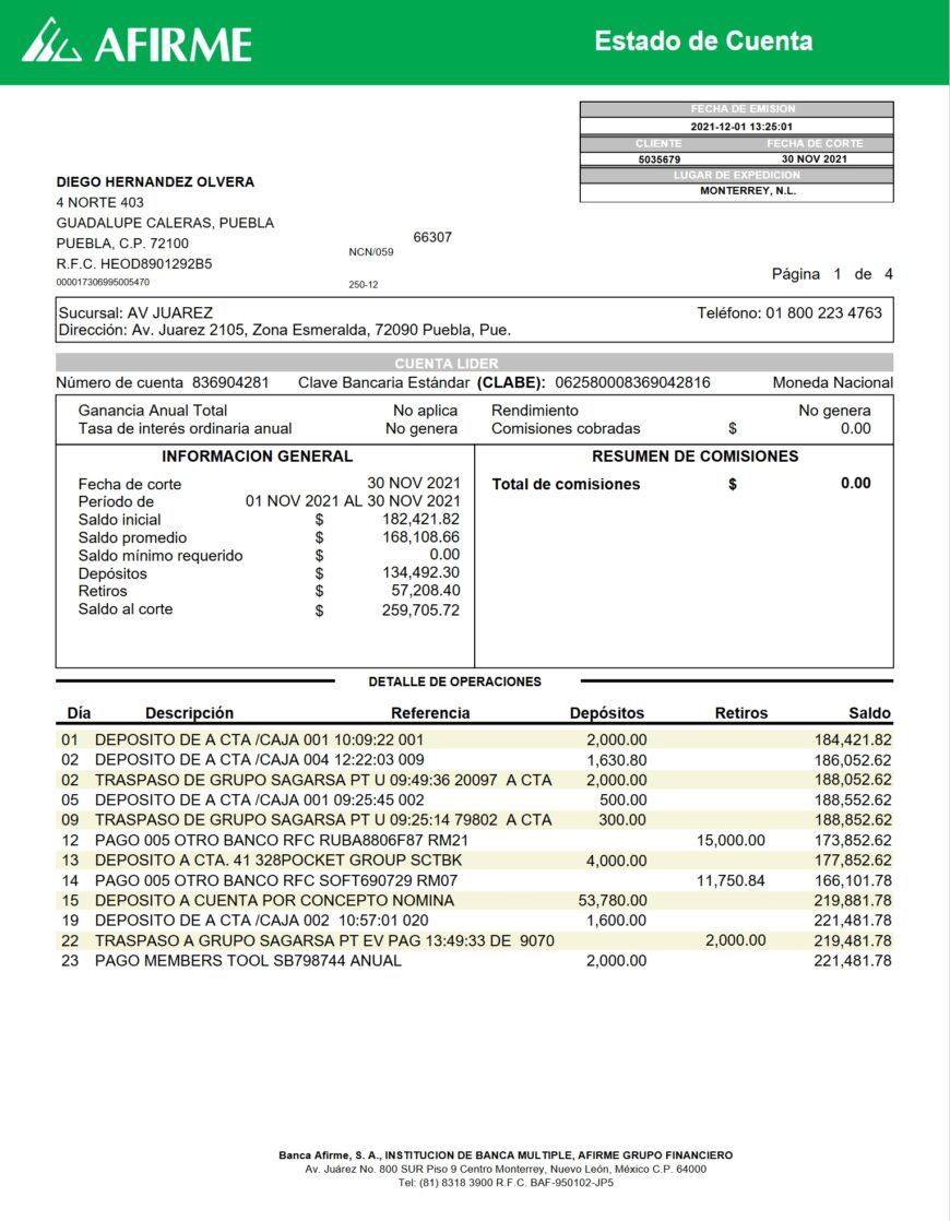 Mexico Afirme Bank Statement Word And PDF Template 4 Pages