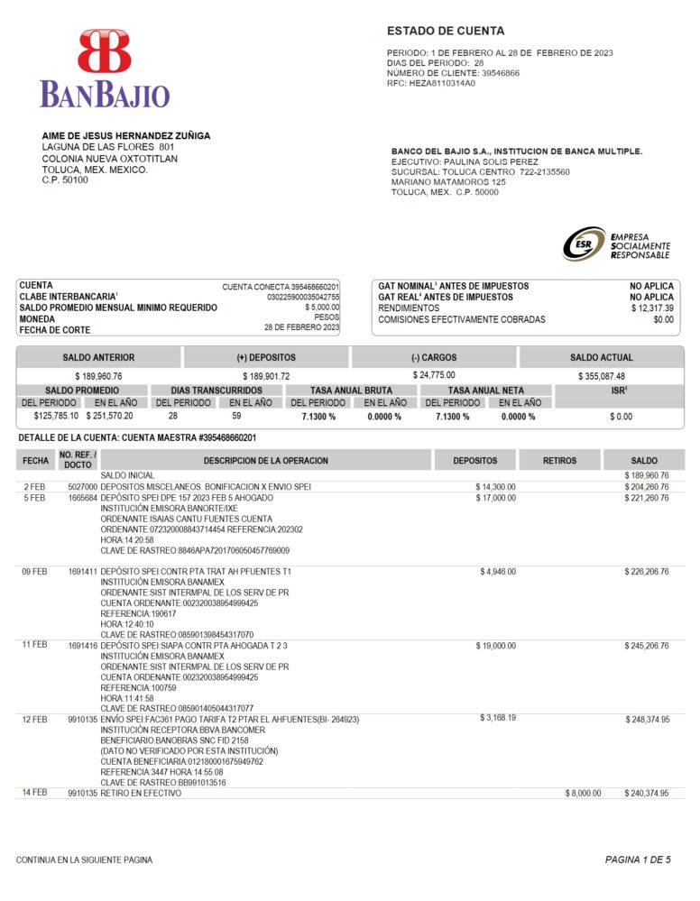 Mexico BanBajio Bank Statement Word And PDF Template 5 Pages