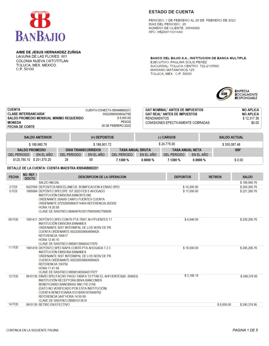 Mexico BanBajio Bank Statement Word And PDF Template 5 Pages