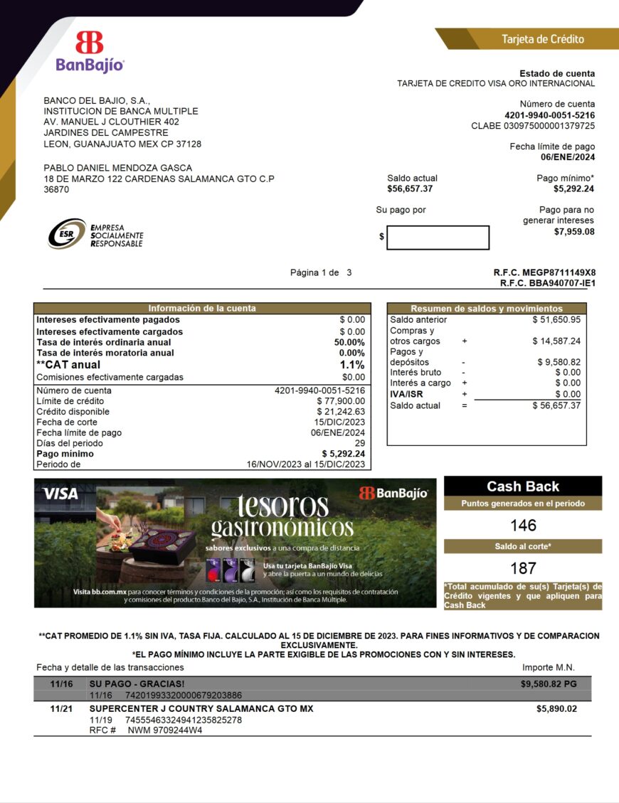 Mexico BanBajio Credit Card Statement Word And PDF Template 3 Pages