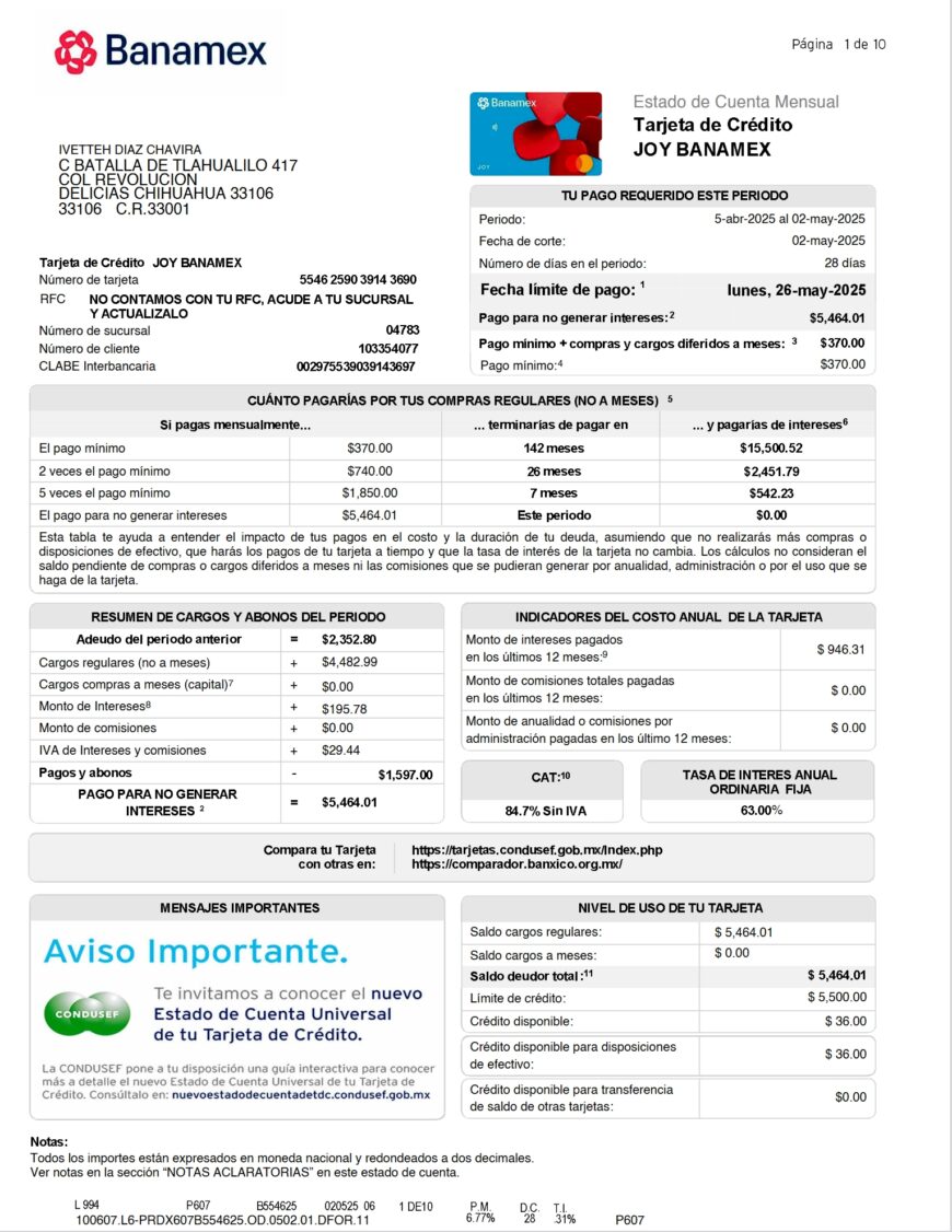 Mexico Banamex Credit Card Statement Word And PDF Template 10 Pages