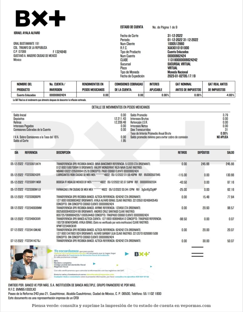 Mexico Banco Ve por Mas Bank Statement Word And PDF Template 9 Pages