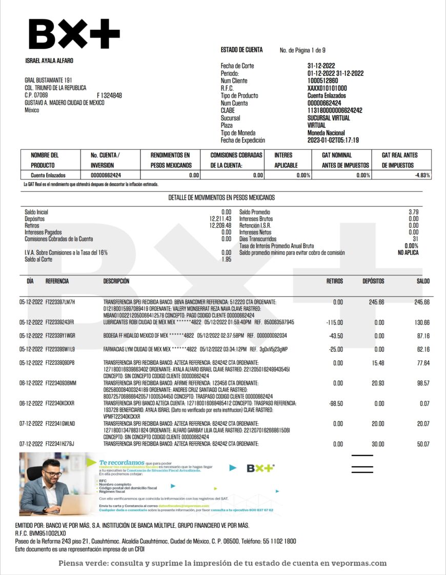 Mexico Banco Ve por Mas Bank Statement Word And PDF Template 9 Pages