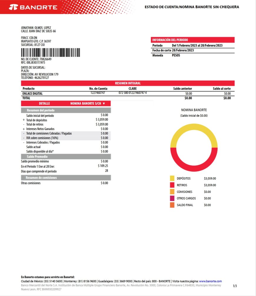 Mexico Banorte Bank Statement Word And PDF Template 3 Pages