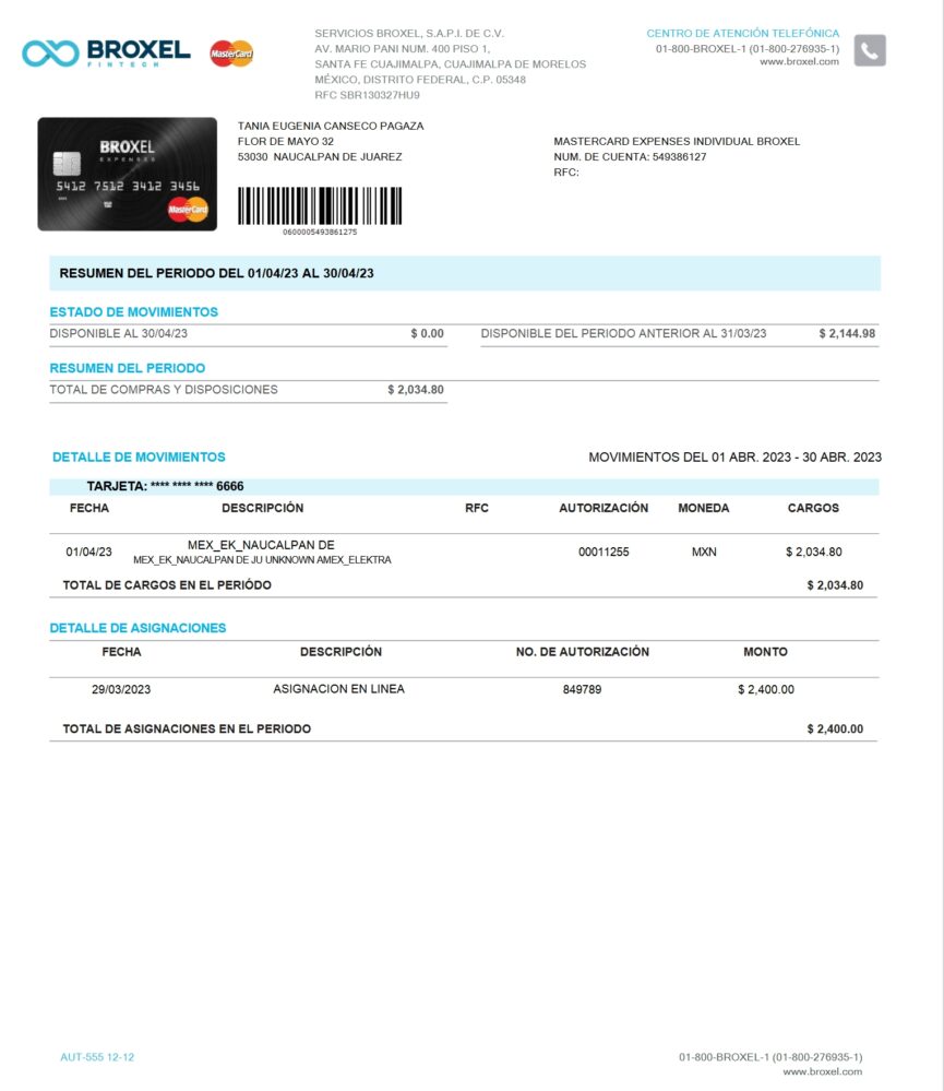 Mexico Broxel Expenses MasterCard Statement Word And PDF Template