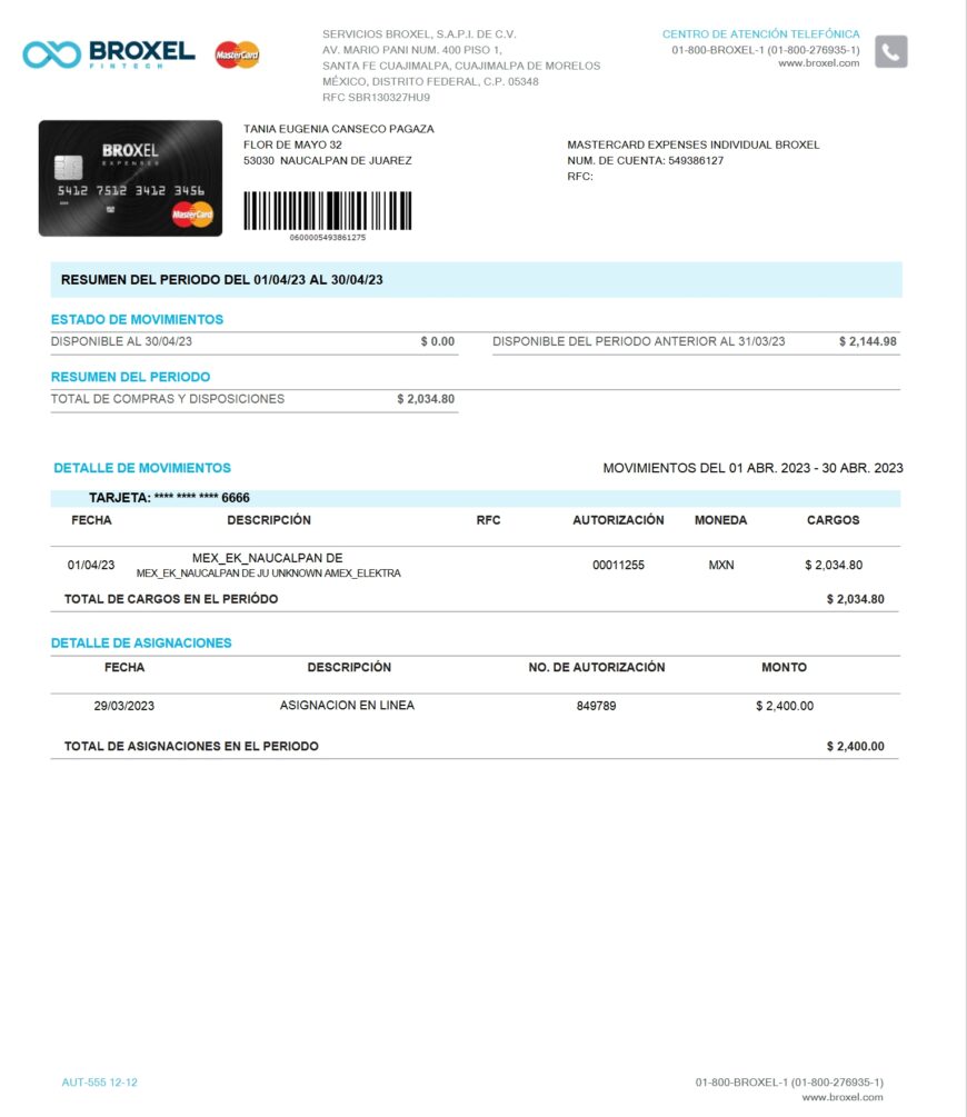 Mexico Broxel Expenses MasterCard Statement Word And PDF Template