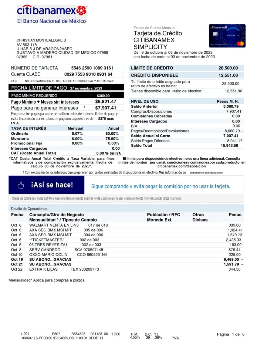 Mexico Citibanamex Credit Card Statement Word And PDF Template 6 Pages