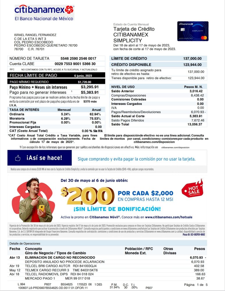 Mexico Citibanamex Simplicity Credit Card Statement Word And PDF Template 5 Pages