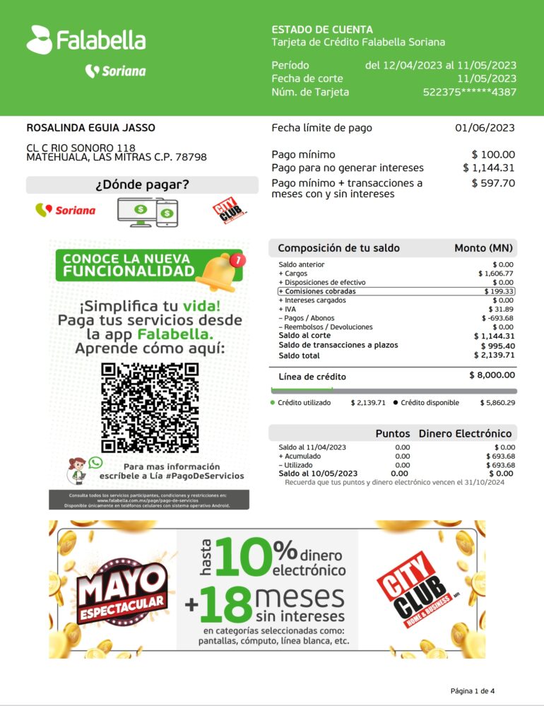 Mexico Falabella Soriana Credit Card Statement Word And PDF Template 4 Pages