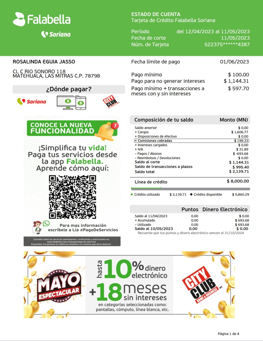 Mexico Falabella Soriana Credit Card Statement Word And PDF Template 4 Pages