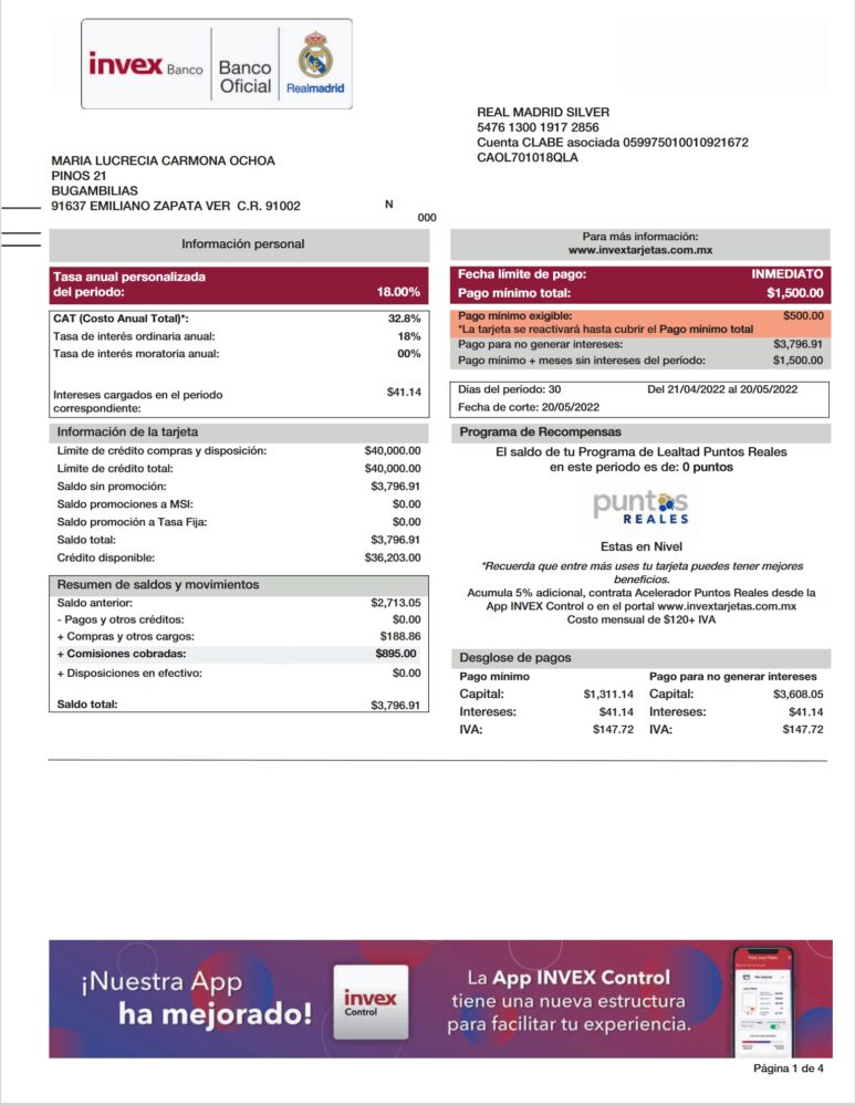 Mexico INVEX Banco Credit Card Statement Word And PDF Template 4 Pages