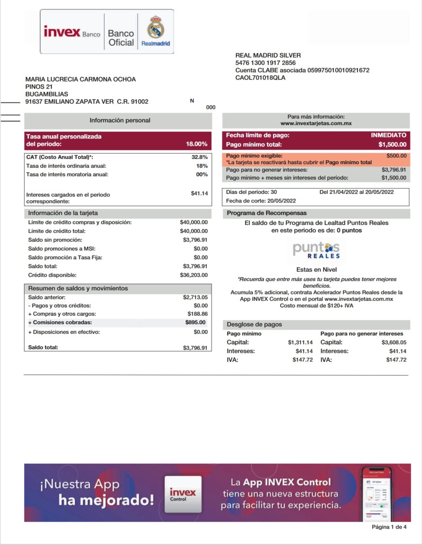 Mexico INVEX Banco Credit Card Statement Word And PDF Template 4 Pages