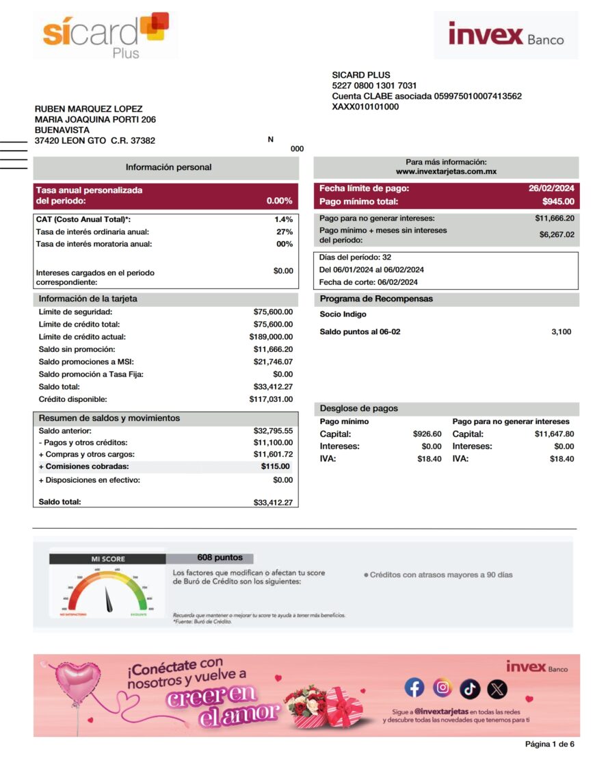 Mexico Invex Banco Credit Card Statement Word And PDF Template 5 Pages