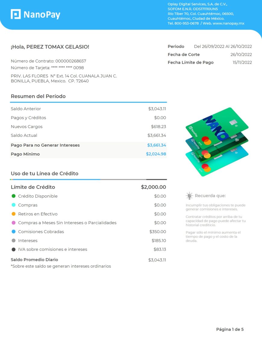 Mexico NanoPay Credit Card Statement Word And PDF Template 5 Pages