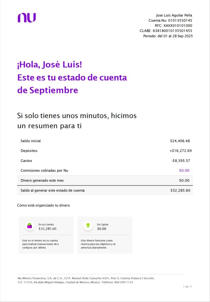 Mexico Nu Bank Statement Word And PDF Template 17 Pages