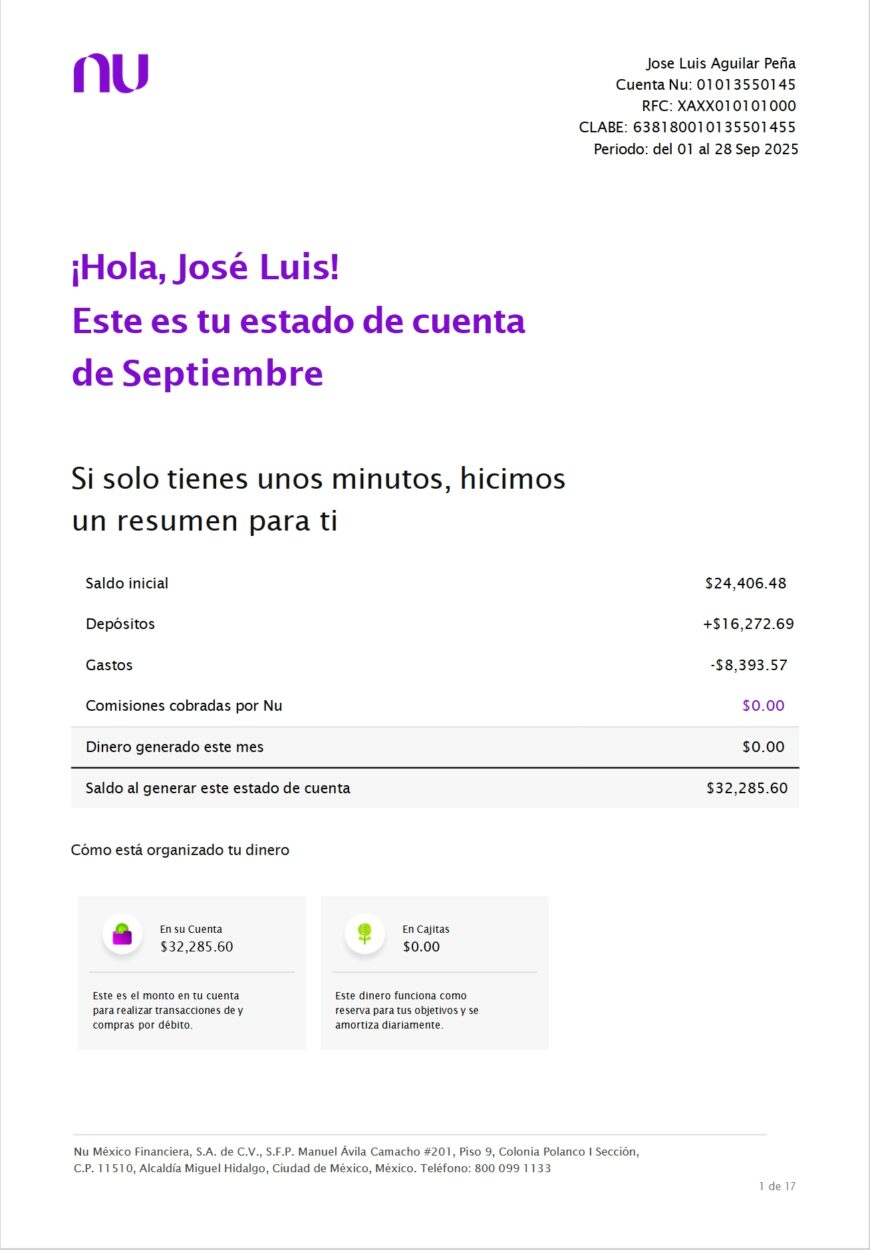 Mexico Nu Bank Statement Word And PDF Template 17 Pages