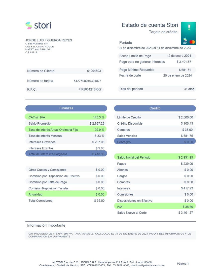 Mexico Stori Credit Card Statement Word And PDF Template 4 Pages