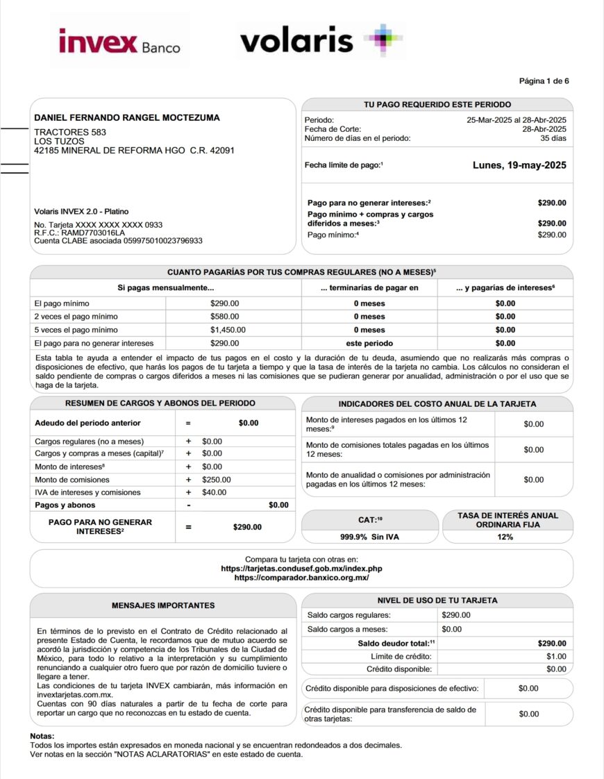 Mexico Volaris INVEX Credit Card Statement Word And PDF Template 8 Pages