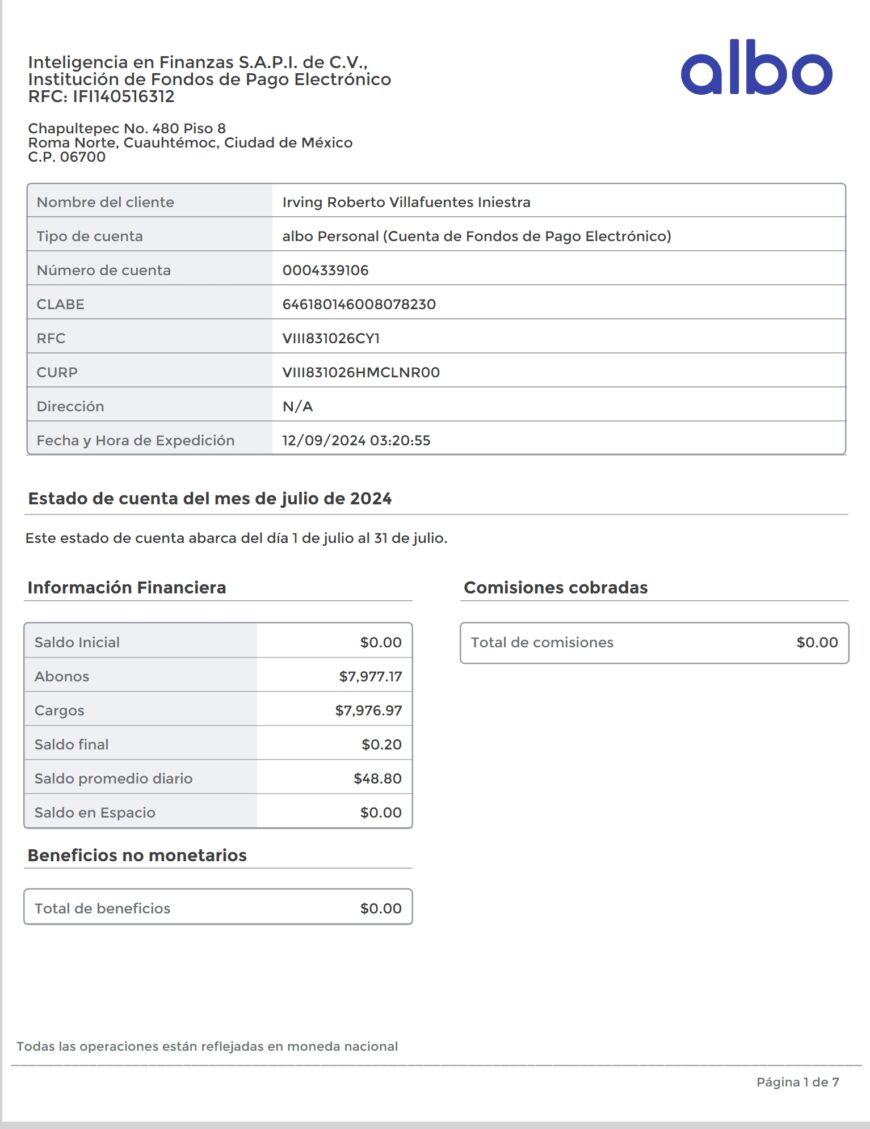Mexico albo Personal Account Statement Word And PDF Template 7 Pages