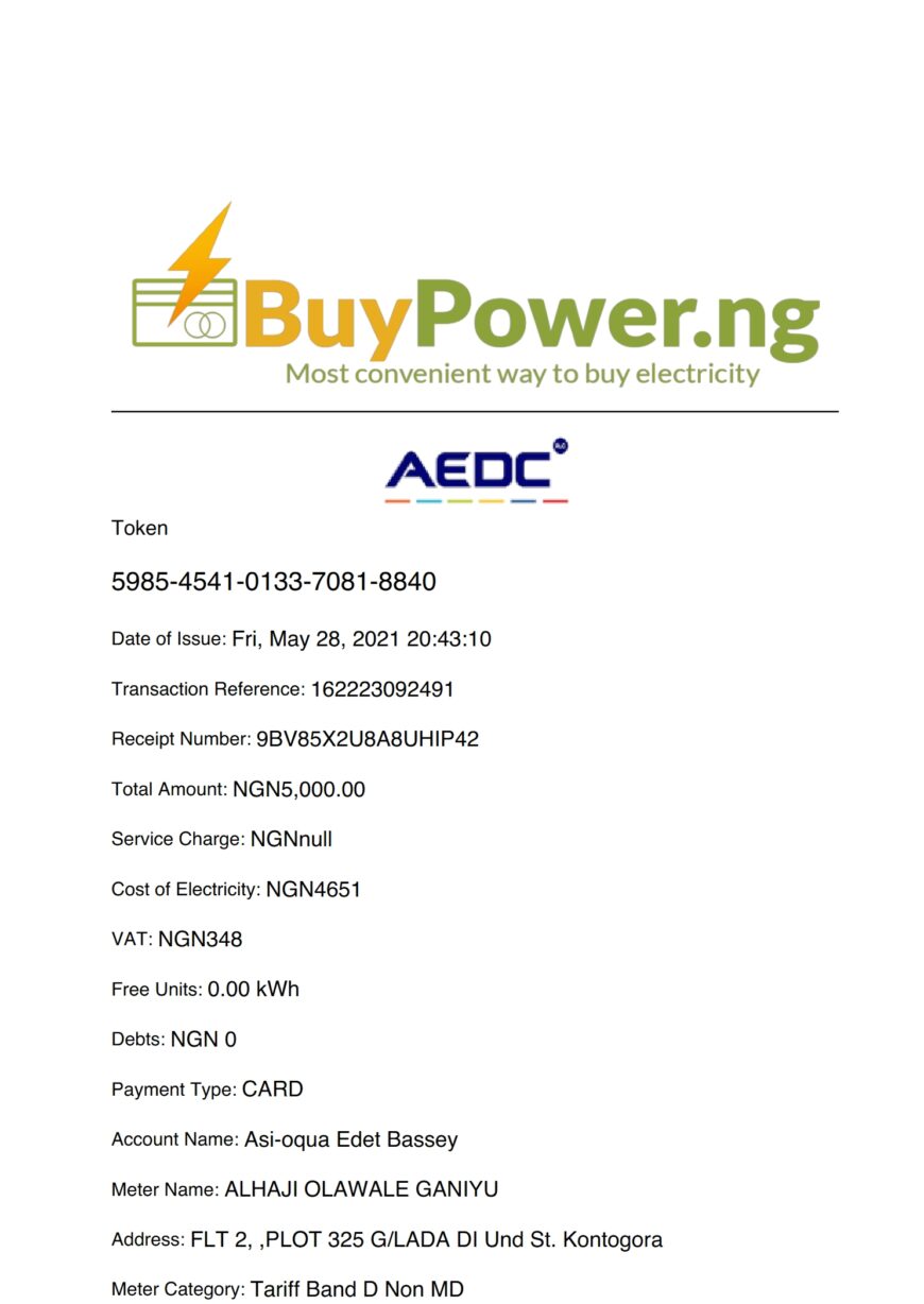 Nigeria BuyPower.ng Electricity Receipt Word And PDF Template