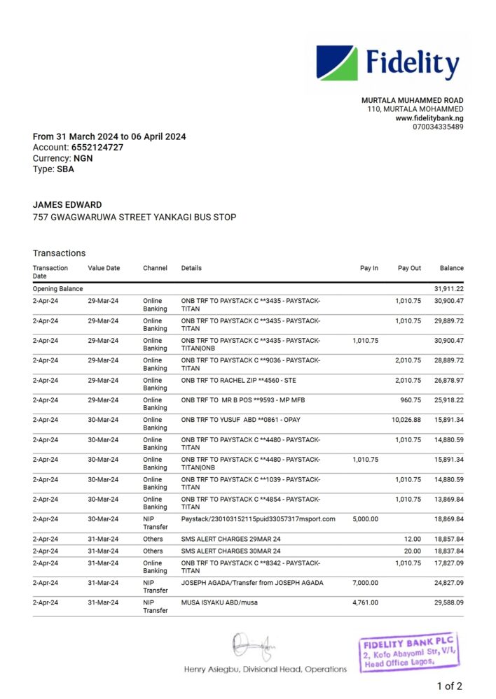 Nigeria Fidelity Bank Account Statement Word And PDF Template 2 Pages
