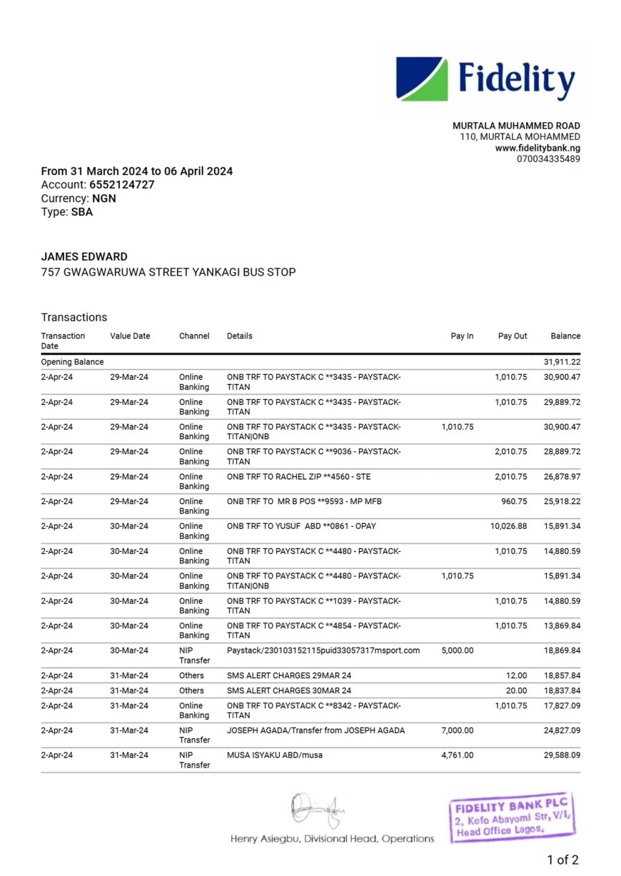 Nigeria Fidelity Bank Account Statement Word And PDF Template 2 Pages