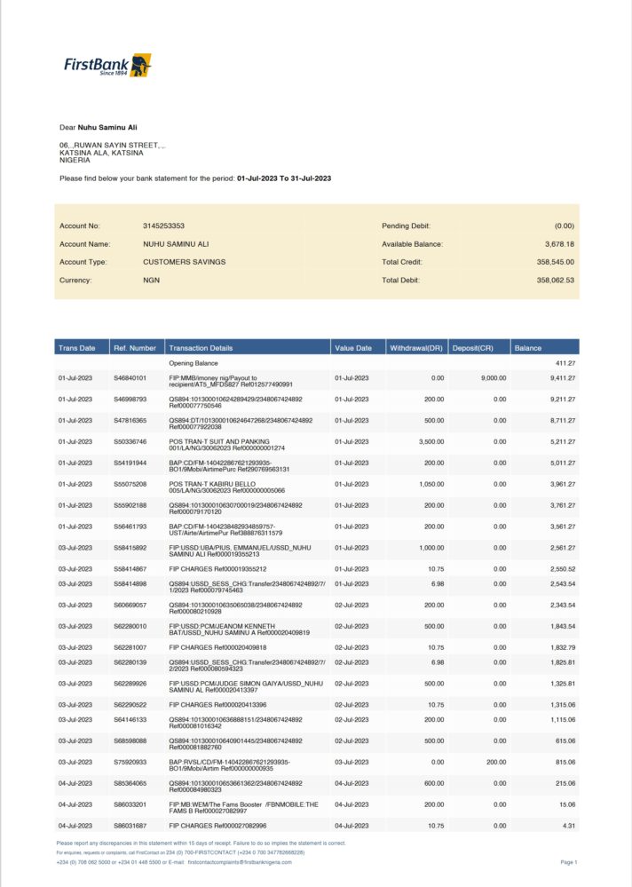 Nigeria FirstBank Bank Statement Word And PDF Template 8 Pages