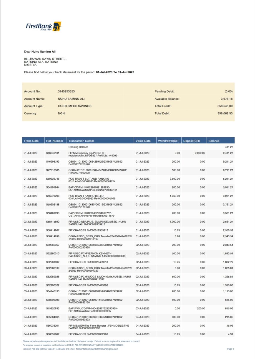 Nigeria FirstBank Bank Statement Word And PDF Template 8 Pages