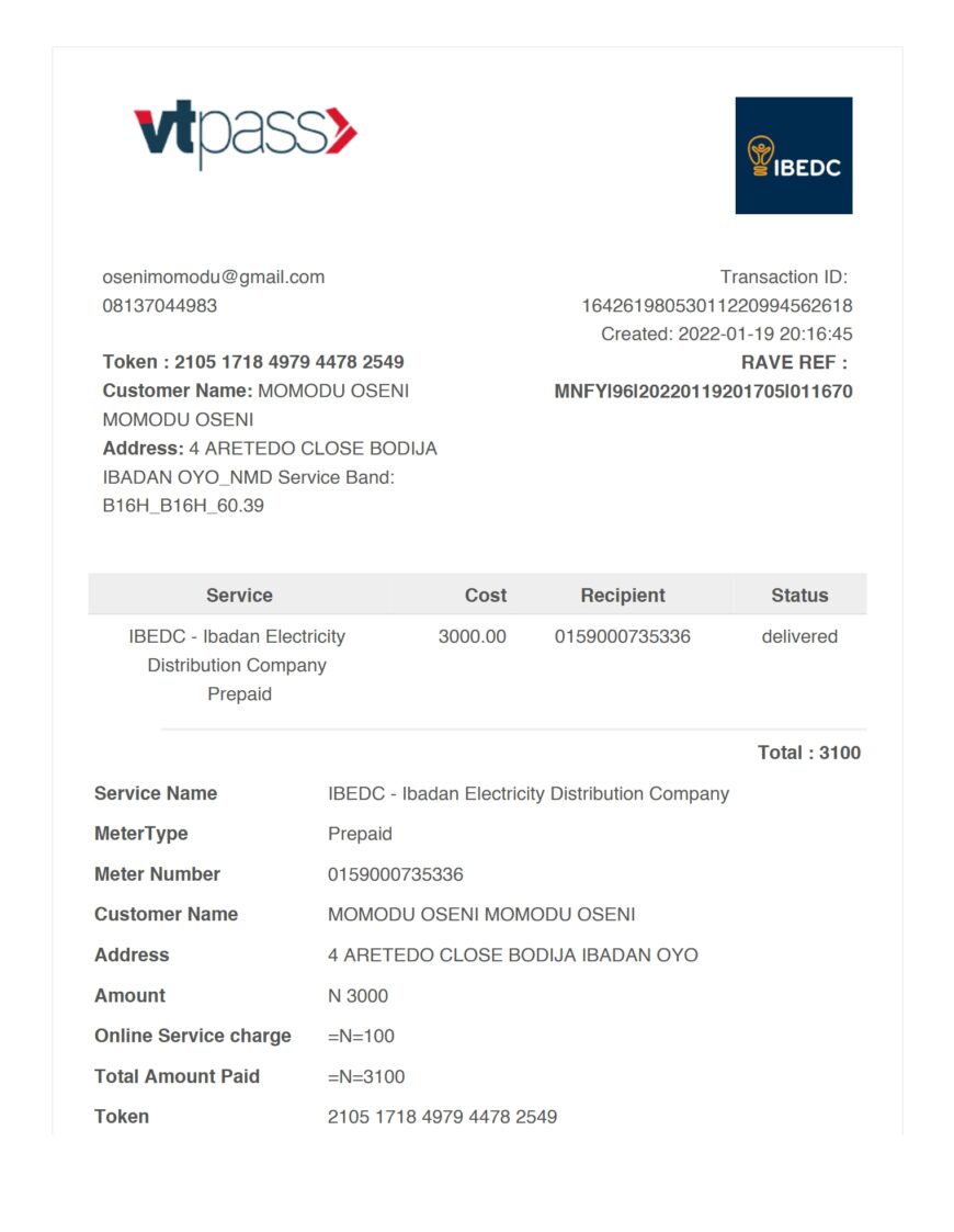 Nigeria IBEDC Electricity Bill Word And PDF Template 2 Pages