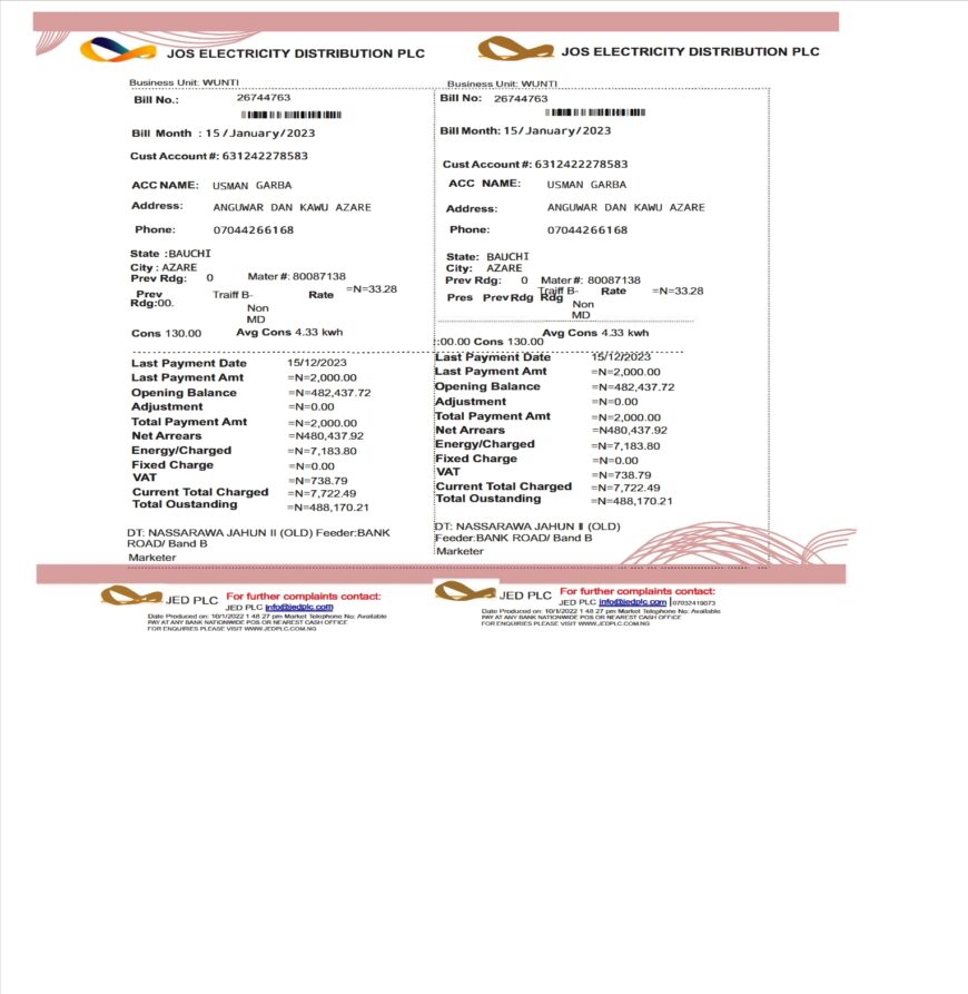 Nigeria Jos Electricity Distribution PLC Monthly Bill Word And PDF Template