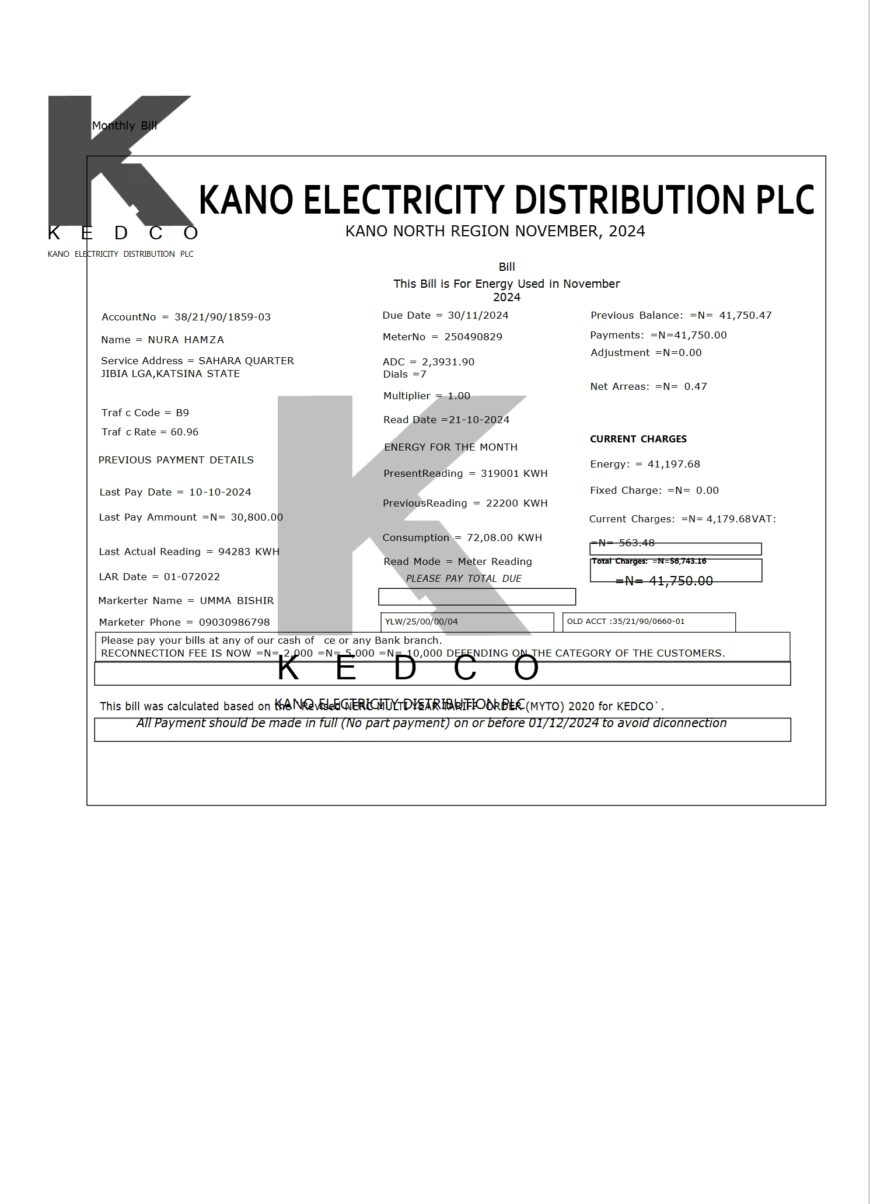 Nigeria KEDCO Electricity Monthly Bill Word And PDF Template
