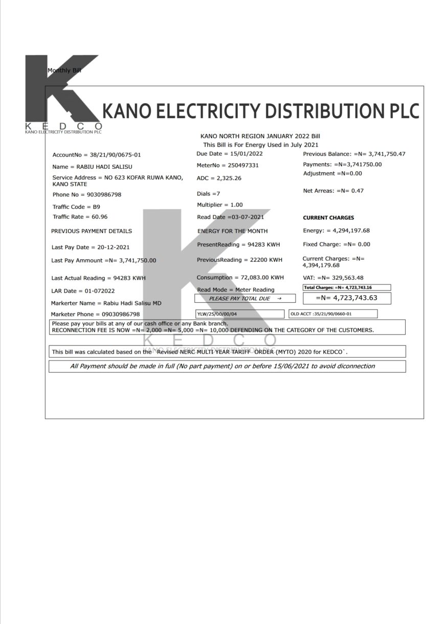 Nigeria Kano Electricity Distribution Company Utility Bill Word And PDF Template