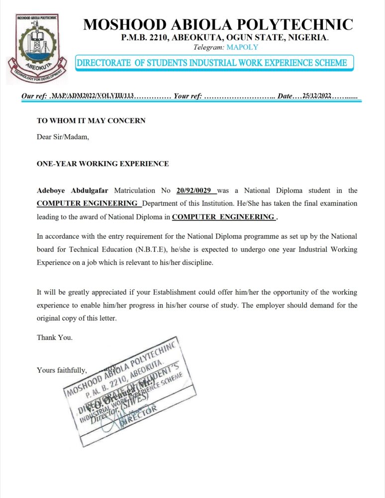 Nigeria Moshood Abiola Polytechnic Enrollment Verification Letter Word And PDF Template