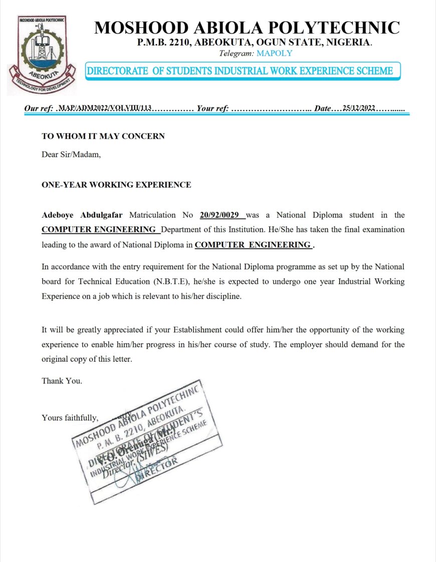 Nigeria Moshood Abiola Polytechnic Enrollment Verification Letter Word And PDF Template