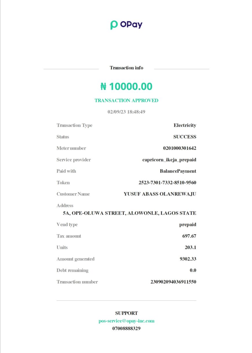 Nigeria OPay Electricity Token Receipt Word And PDF Template