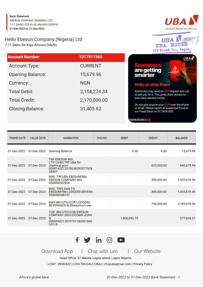 Nigeria United Bank for Africa Bank Statement Word And PDF Template 2 Pages