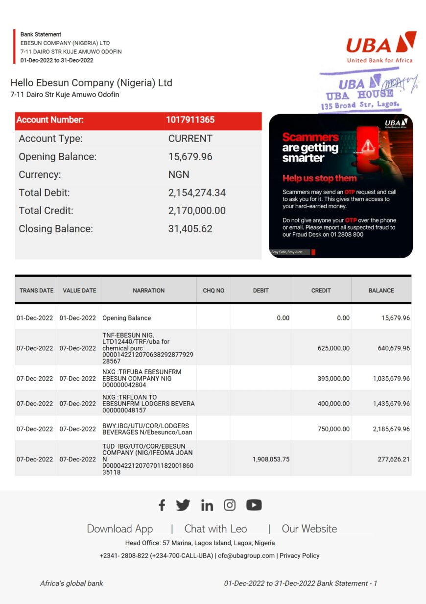 Nigeria United Bank for Africa Bank Statement Word And PDF Template 2 Pages